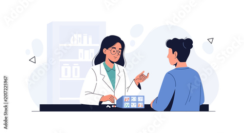 Pharmacist consulting patient at pharmacy counter, medicine consultation