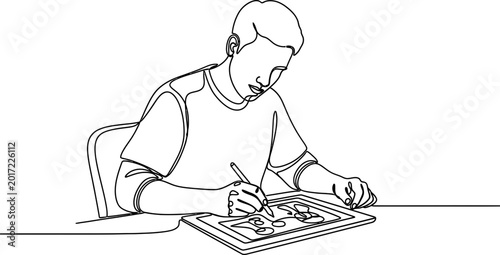 Obraz na plátně Artist drawing on tablet, continuous line art, focused young man creating digita