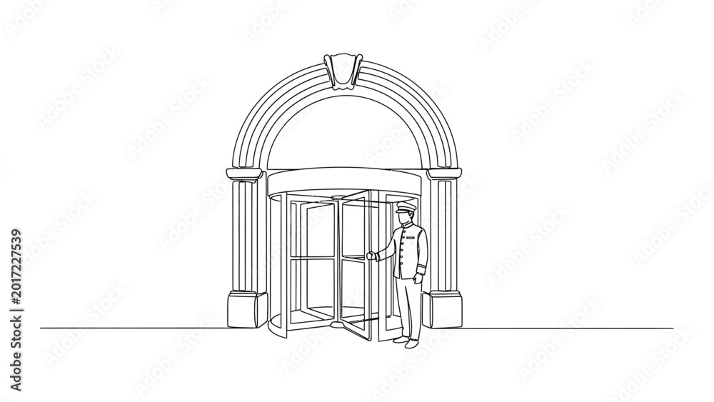 Fototapeta premium Continuous line drawing of a doorman standing at a hotel revolving door.