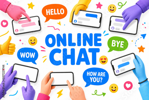 Online chat concept with diverse hands and messaging icons