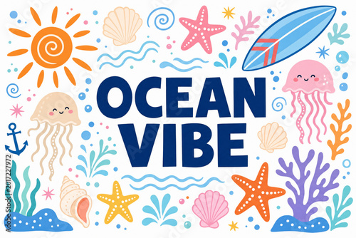 Colorful ocean themed illustration with starfish shells jellyfish and surfboard