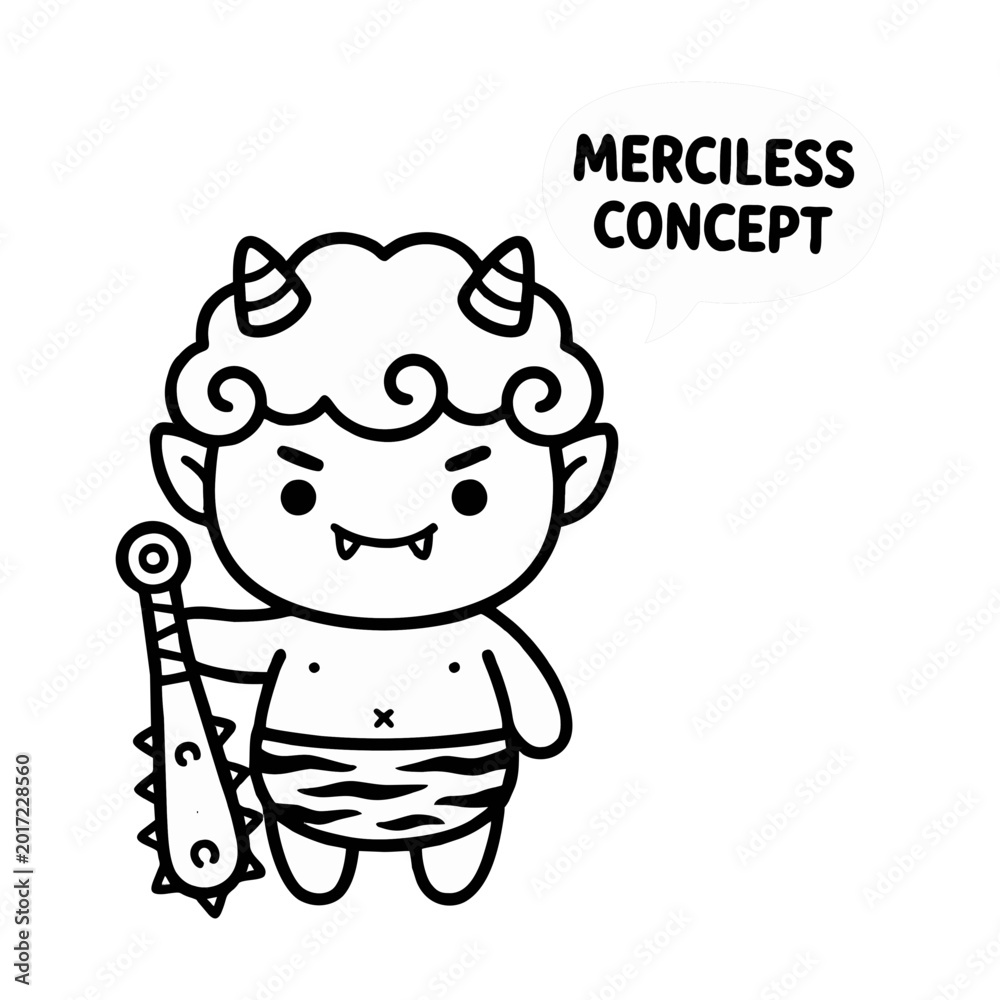 Fototapeta premium Cute japanese oni demon character holding a spiked club with a speech bubble displaying a merciless concept text graphic illustration