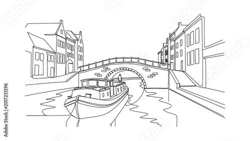 A detailed line art drawing of a small canal boat passing under an arched stone bridge in a historic town.