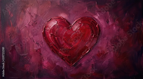 A vibrant red heart glows on a purple background in this abstract painting.