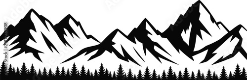 Fotografie Black silhouette of jagged mountain peaks above a line of pine trees mountains