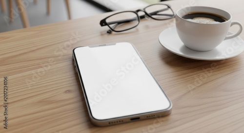 laptop tablet computer and coffee cup on office desk with notebook pen paper and phone