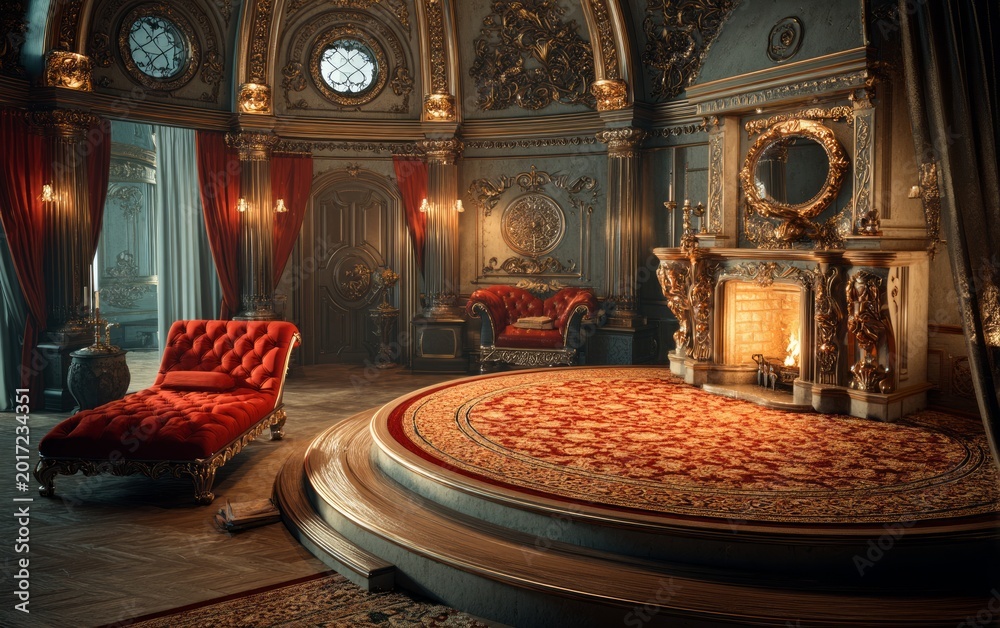 Fototapeta premium Luxurious Victorian style room with ornate fireplace and elegant furniture
