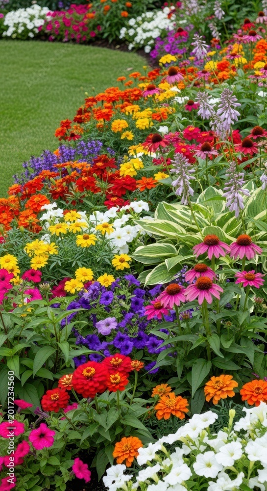 Naklejka premium A vibrant, densely planted garden bed filled with colorful summer annuals and perennials, showcasing horticulture and natural beauty, cultivation, bright, blossoming