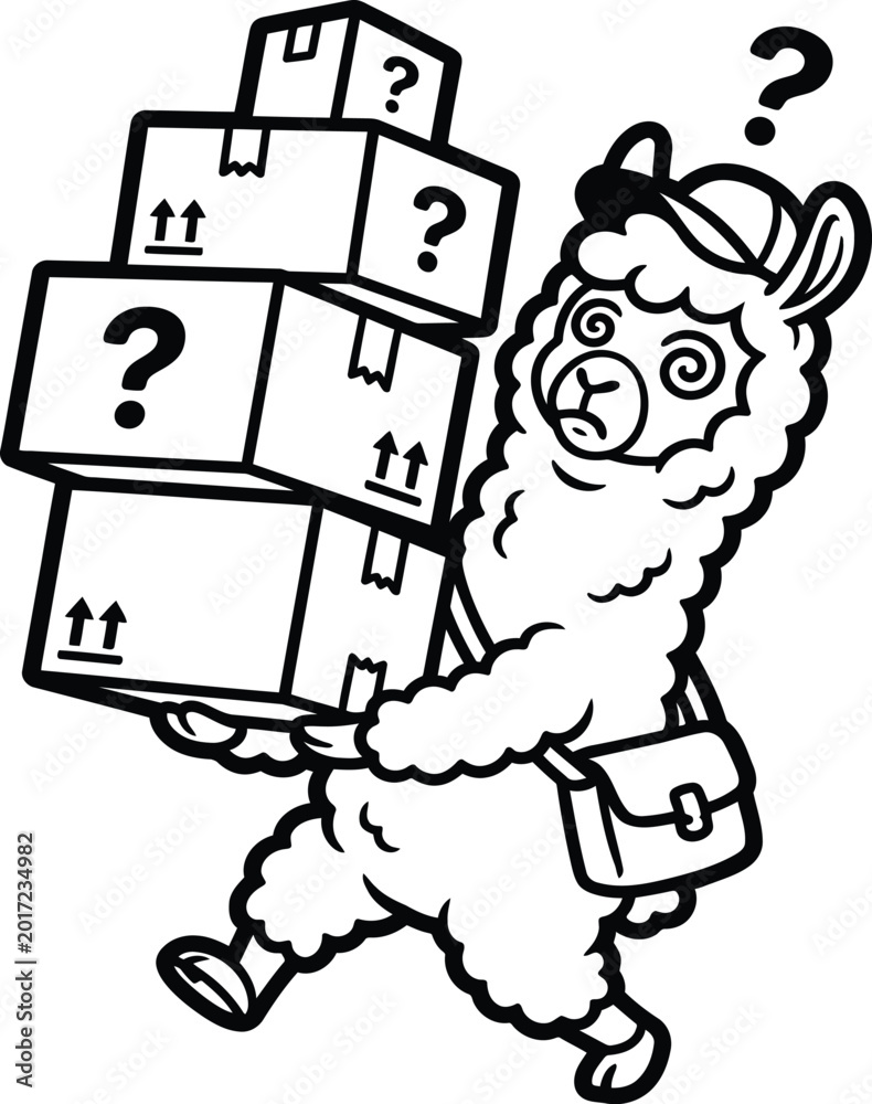 Fototapeta premium A puzzled llama carrying boxes with question marks on them