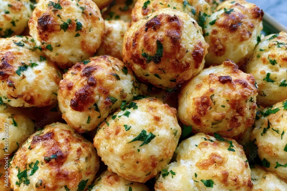 Fototapeta premium Golden Garlic Bread Balls With Herbs And Cheese