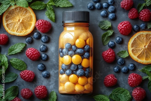 Functional foods and supplements layout with fruits and mint on dark surface in 8K resolution