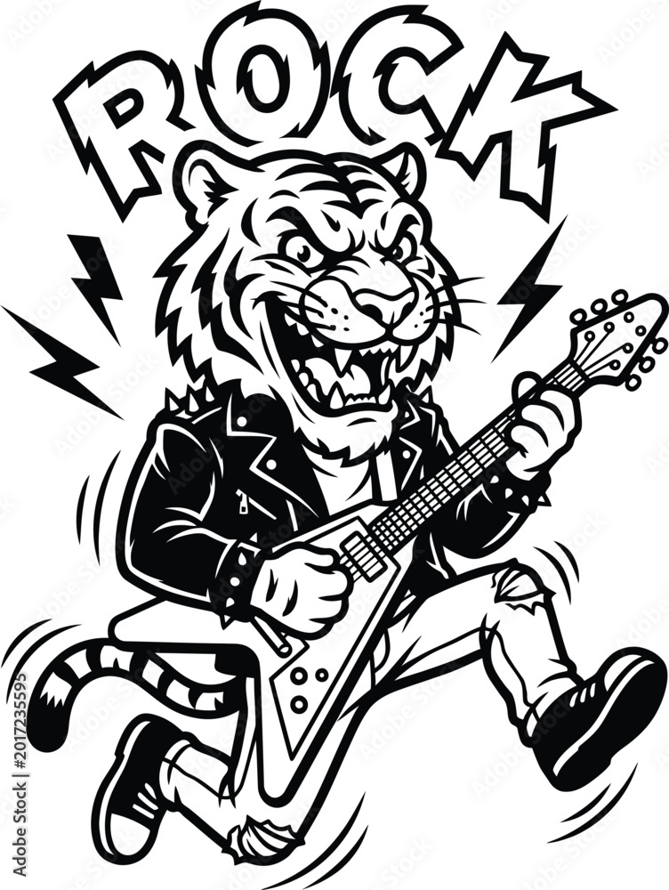 Fototapeta premium Rock Tiger Mascot Playing Guitar Cartoon Illustration with Music Theme