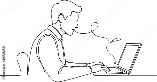 Fotografía Continuous line drawing of a man working on a laptop, symbolizing focus and productivity