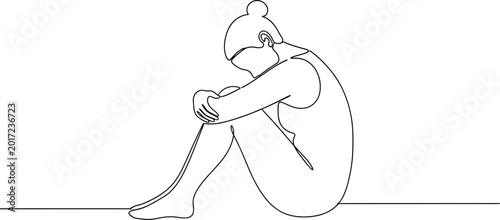 Bild auf Leinwand Woman sitting curled up, one line drawing, minimalist, expressing sadness, lonel