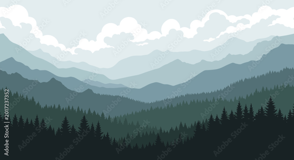 Obraz premium Misty Mountain Range Landscape with Evergreen Forest and Clouds
