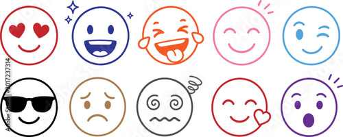 Quadro em tela Collection of ten colorful line emoji expressing various emotions face expressio