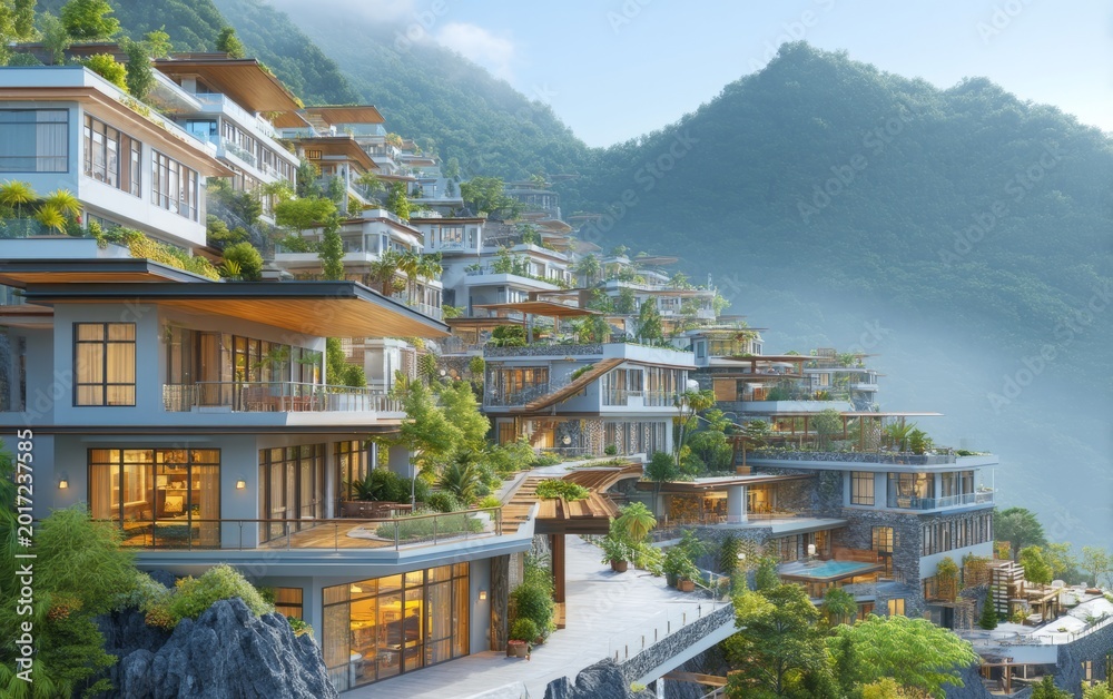 Fototapeta premium Luxury hillside villa cluster with modern architecture and nature view
