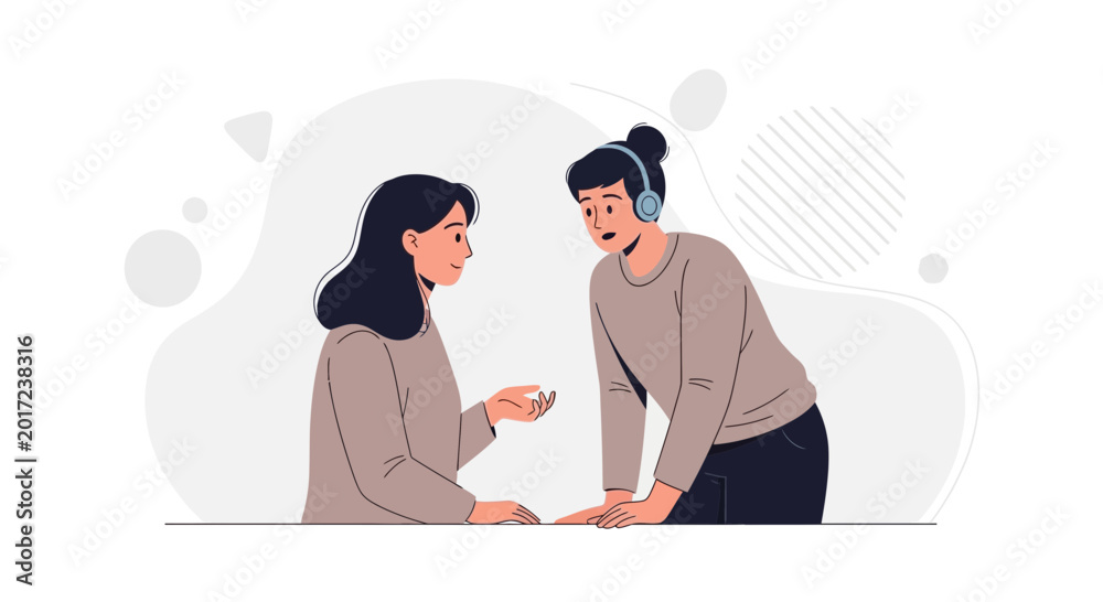 Fototapeta premium Two women talking, one wearing headphones, creative illustration