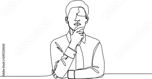 Photos Continuous line drawing of a thoughtful man in a shirt, contemplating an idea