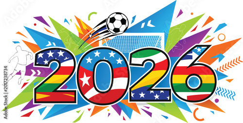 Vibrant 2026 graphic with soccer ball and flags on white background