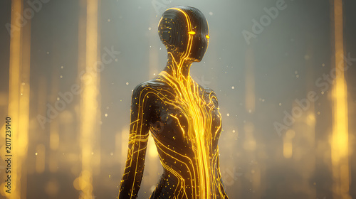 a robot with a stream of gold neon light and glowing gold eyes