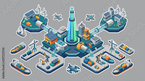 Fotografia Isometric illustration of industrial complex with various transportation modes and facilities