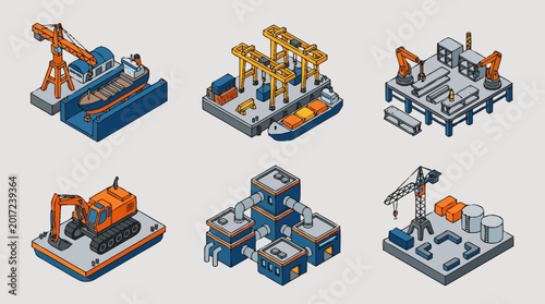 Isometric industrial machines and construction equipment.