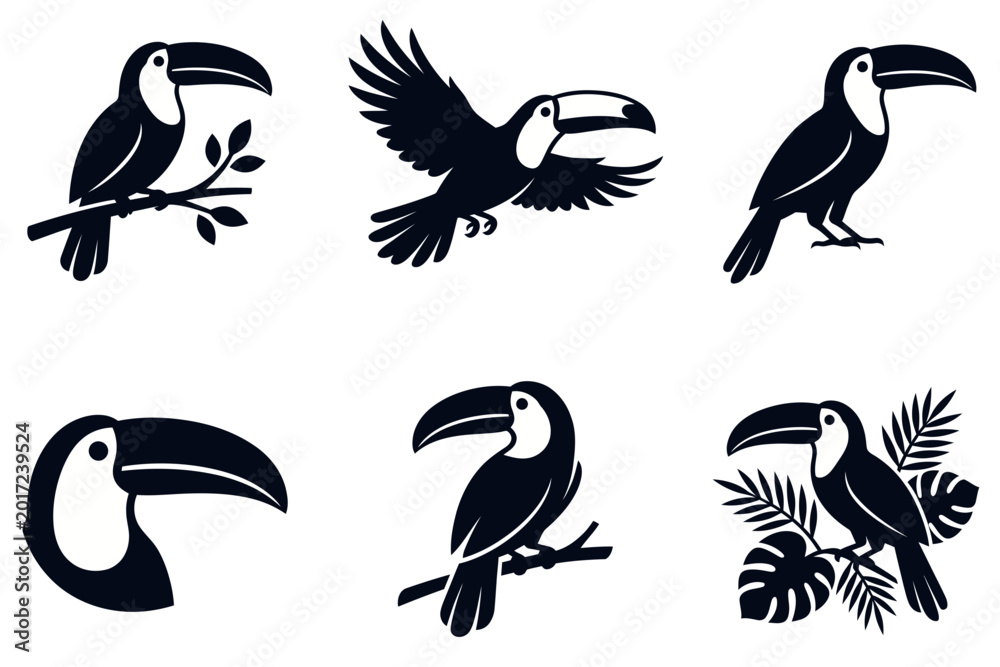 Fototapeta premium Black Toucan Bird Silhouette Icons with Tropical Jungle Leaves