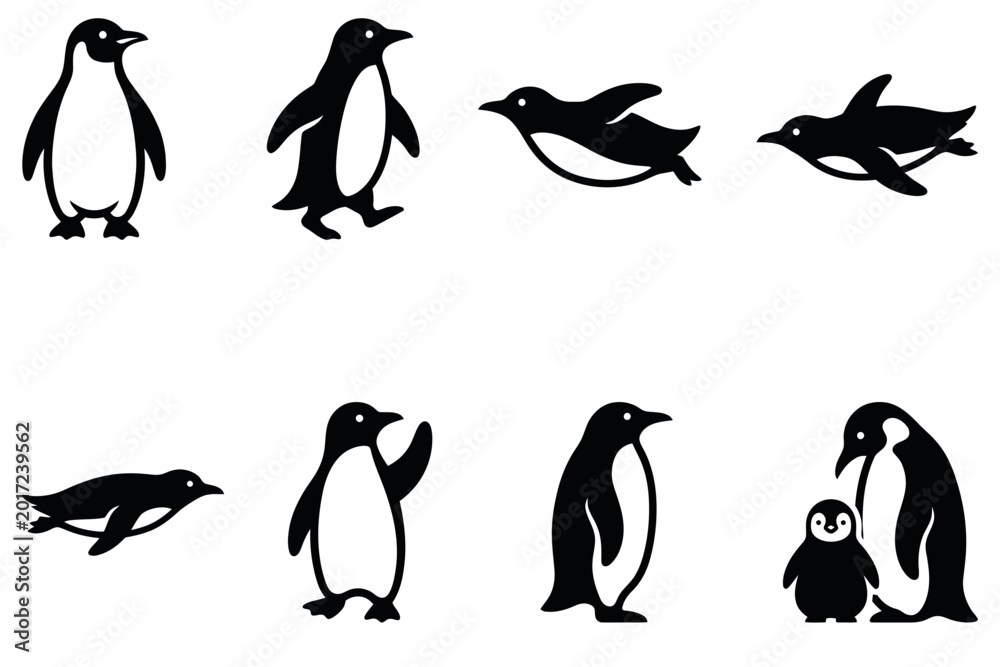 Obraz premium Black penguin silhouettes set in various poses and actions