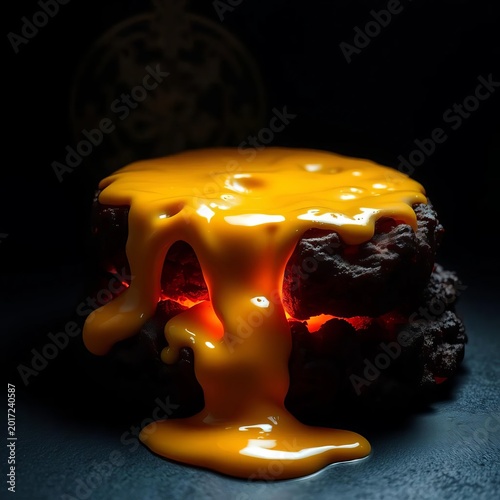 Molten cheese cascades like lava over a volcanic crust, a study in edible eruption,  crust,  culinary drama