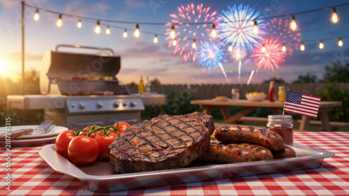 Independence day barbecue fireworks steak sausage grill outdoor dinner celebration independence day. us american july patriotic celebration. community social gathering, picnic party together
