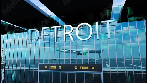 Airlane landing at Detroit, USA. Arrival in the city with reflection of airport and aircraft