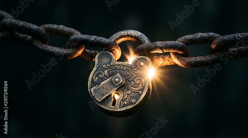 Padlock with Metal Chain Isolated on Black Background