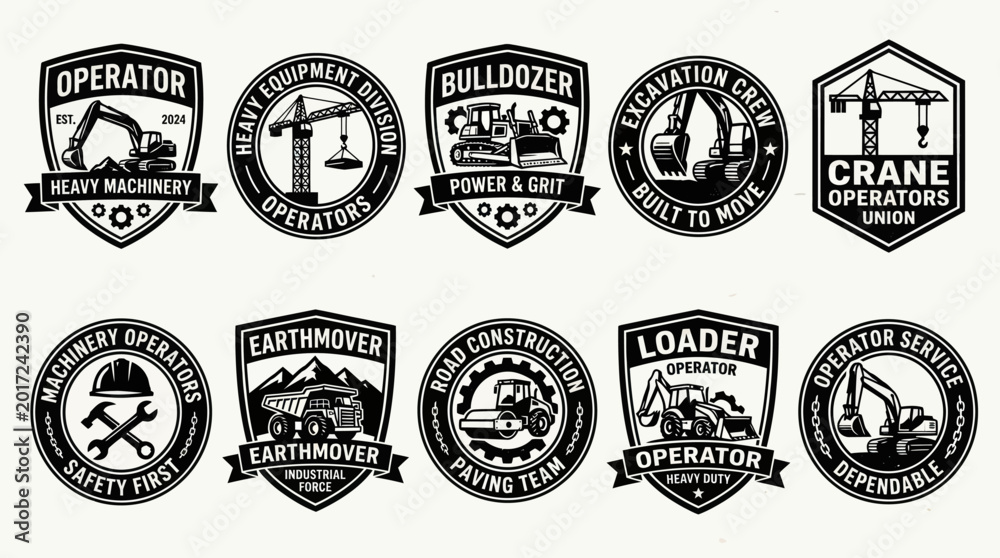 Fototapeta premium Heavy Construction Machinery and Excavator Operator Badge Collection