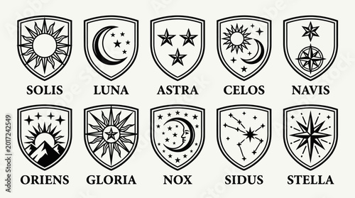 Minimalist Celestial Crests and Astrological Shield Icons Set