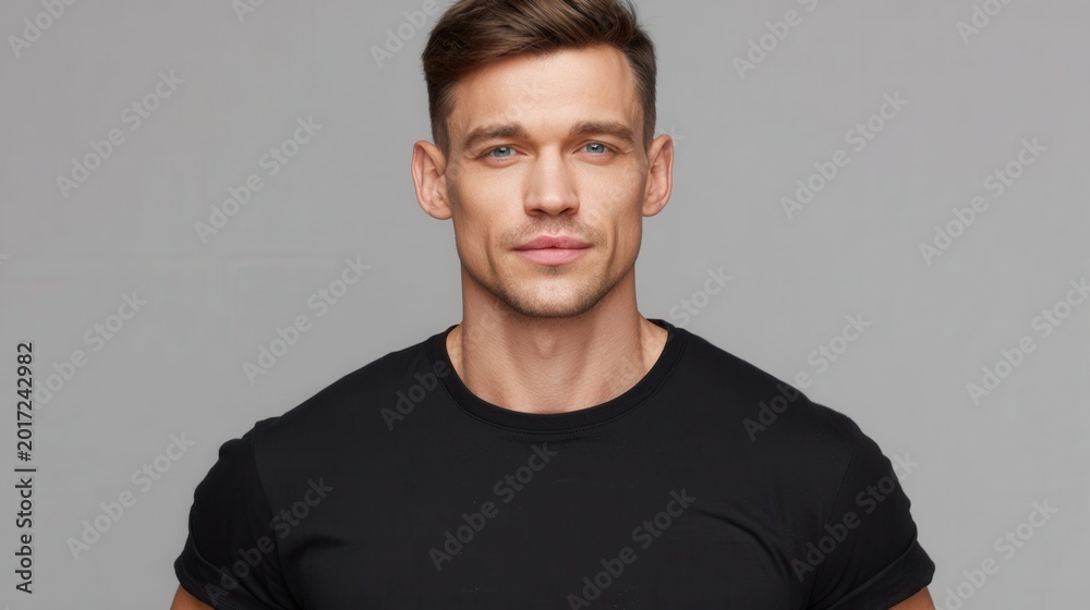 Fototapeta premium Handsome man with blue eyes and short brown hair wearing a black t-shirt, studio portrait