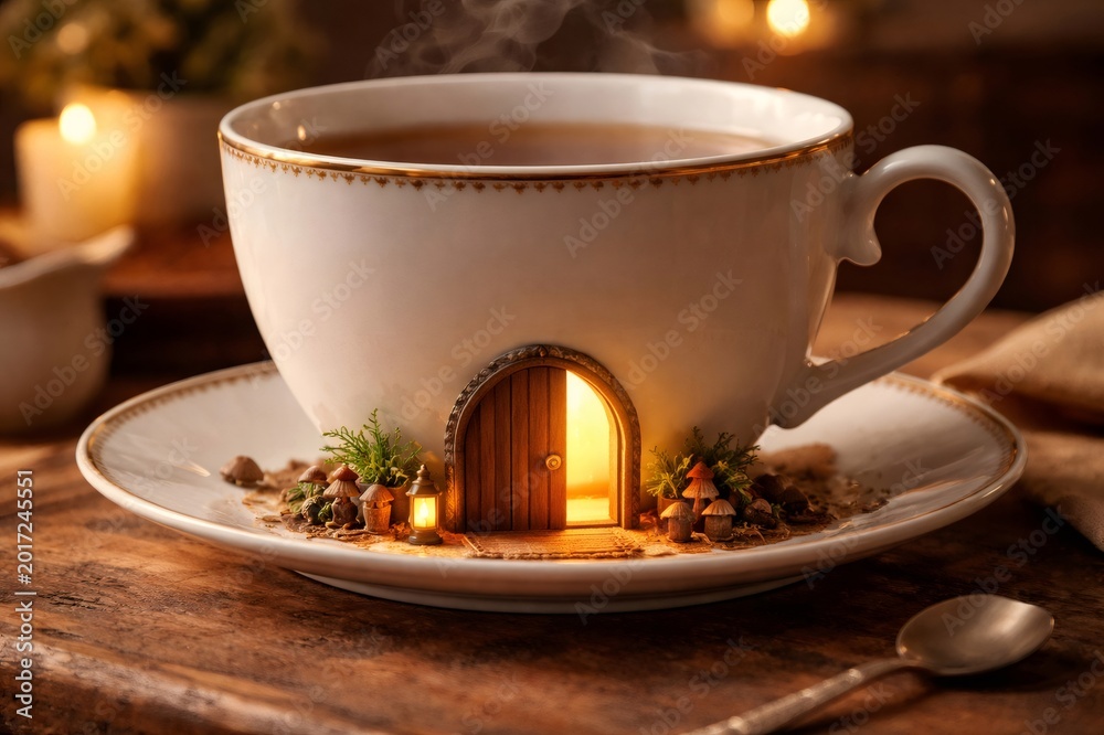 Fototapeta premium Steaming teacup holding a whimsical tiny magical home on a saucer, featuring a glowing arched wooden door, miniature plants, and tiny mushrooms for an enchanting concept