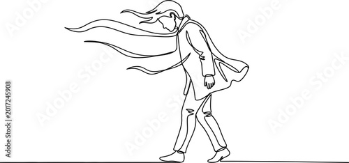 Man walking against strong wind, continuous line art, struggle and perseverance concept