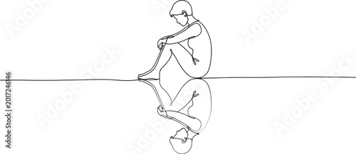 Fotografie Minimalist line art of a person sitting introspectively with a perfect reflection