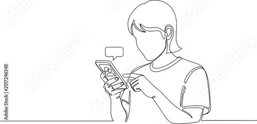 Fényképezés Continuous line drawing of a person using a smartphone, with a speech bubble icon indicating communication