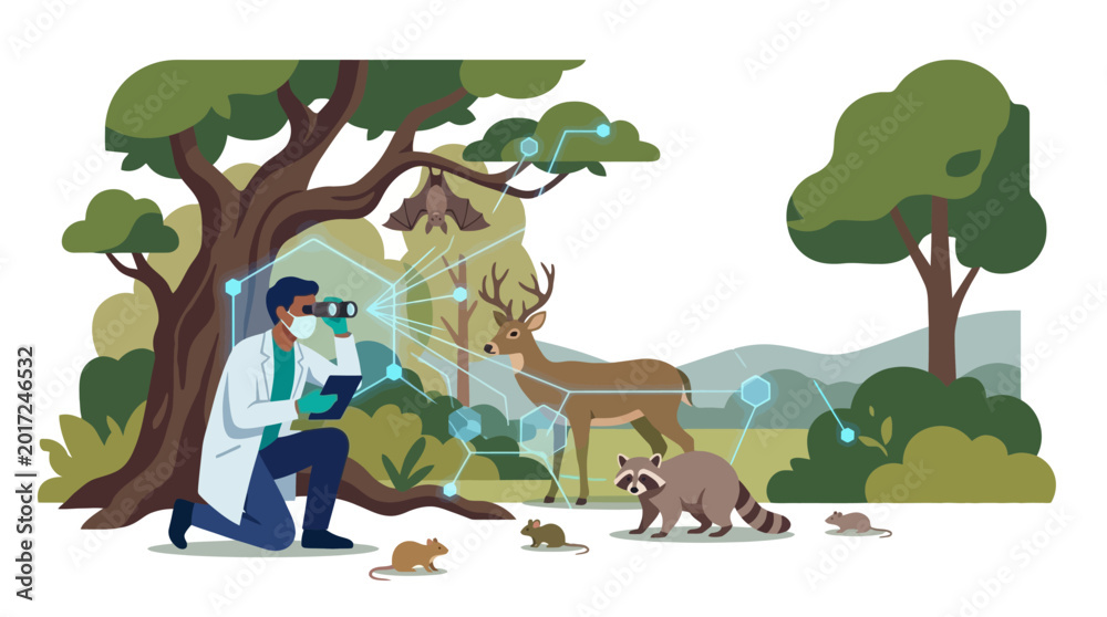 Fototapeta premium A veterinarian studying wild animals in a forest setting. EPS Editable. Vector Illustrations.