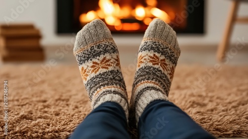 Cozy wool sock feet in warm patterned knit close to glowing fireplace on carpet floor for winter relaxing home comfort and seasonal leisure time
