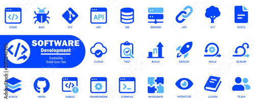 Foto Programming lifecycle solid icons with version control git repository api testing build deployment agile methodology and framework management symbols