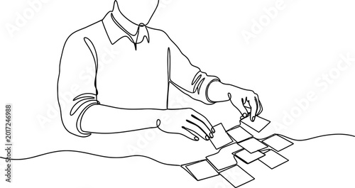 Schilderij op canvas Minimalist line art of person arranging sticky notes, planning, brainstorming, or organizing ideas on a desk