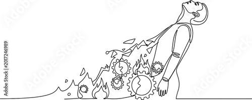 Fotografie Man's body dissolving into gears and flames, continuous line art, concept of bre