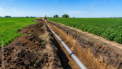 Pipeline Construction Trench Across Green Farmland