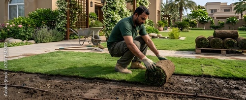 Man laying grass turf rolls for new garden lawn
