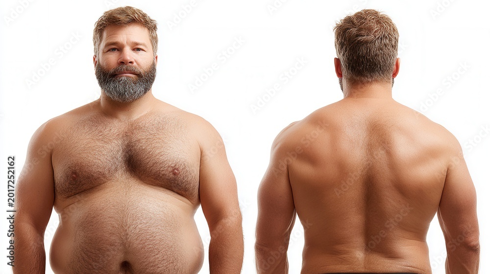 Obraz premium Man's body transformation from overweight to fit, front and back views