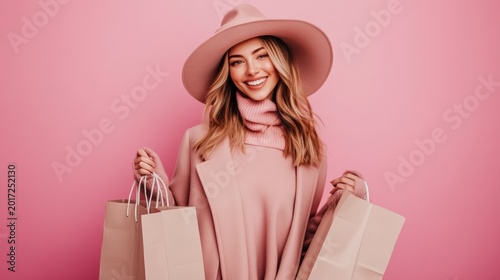Happy woman in pink outfit holds shopping bags against a pink backdrop