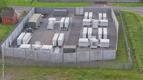 Close-up Retreating Aerial View of BESS Battery Energy Storage System. UK.